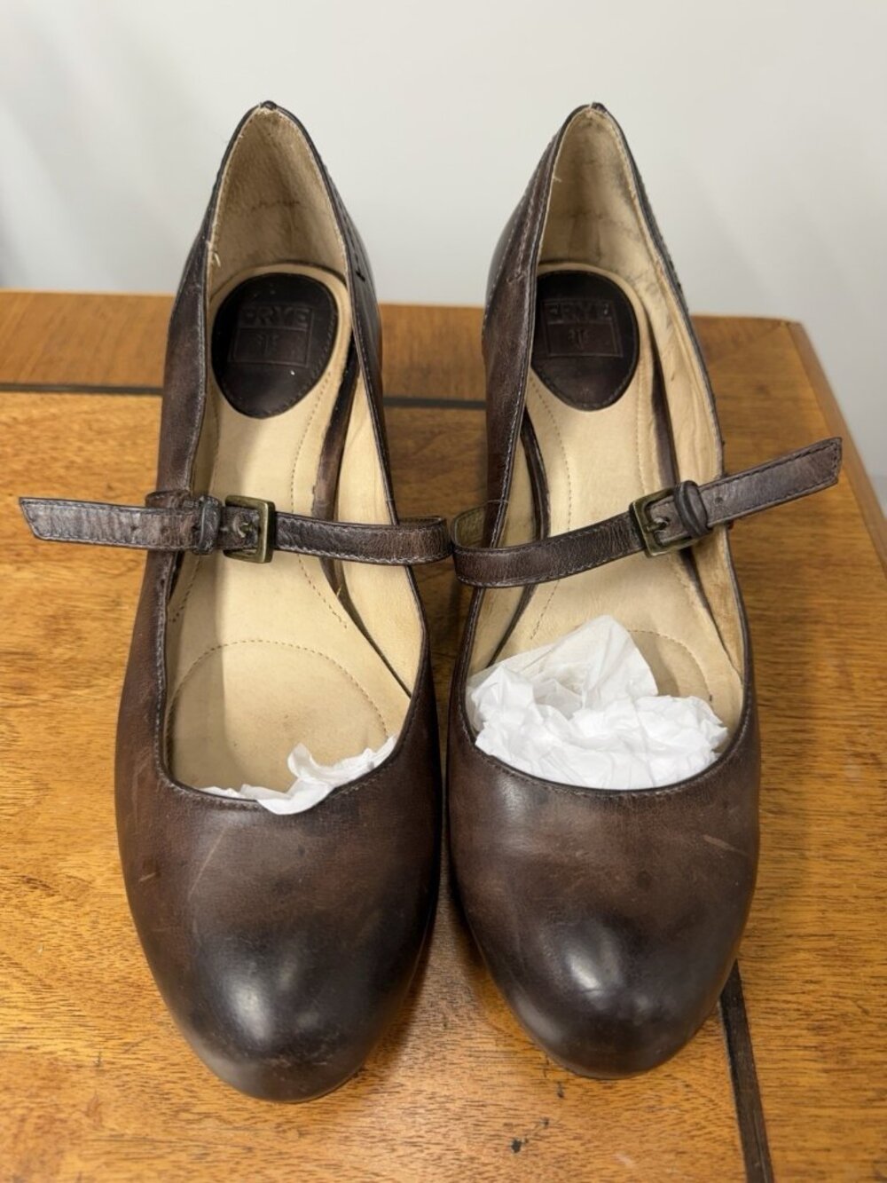 Frye Woman’s 8 Miranda Ankle Pump Block Heels Mary Jane Buckle Brown Leather